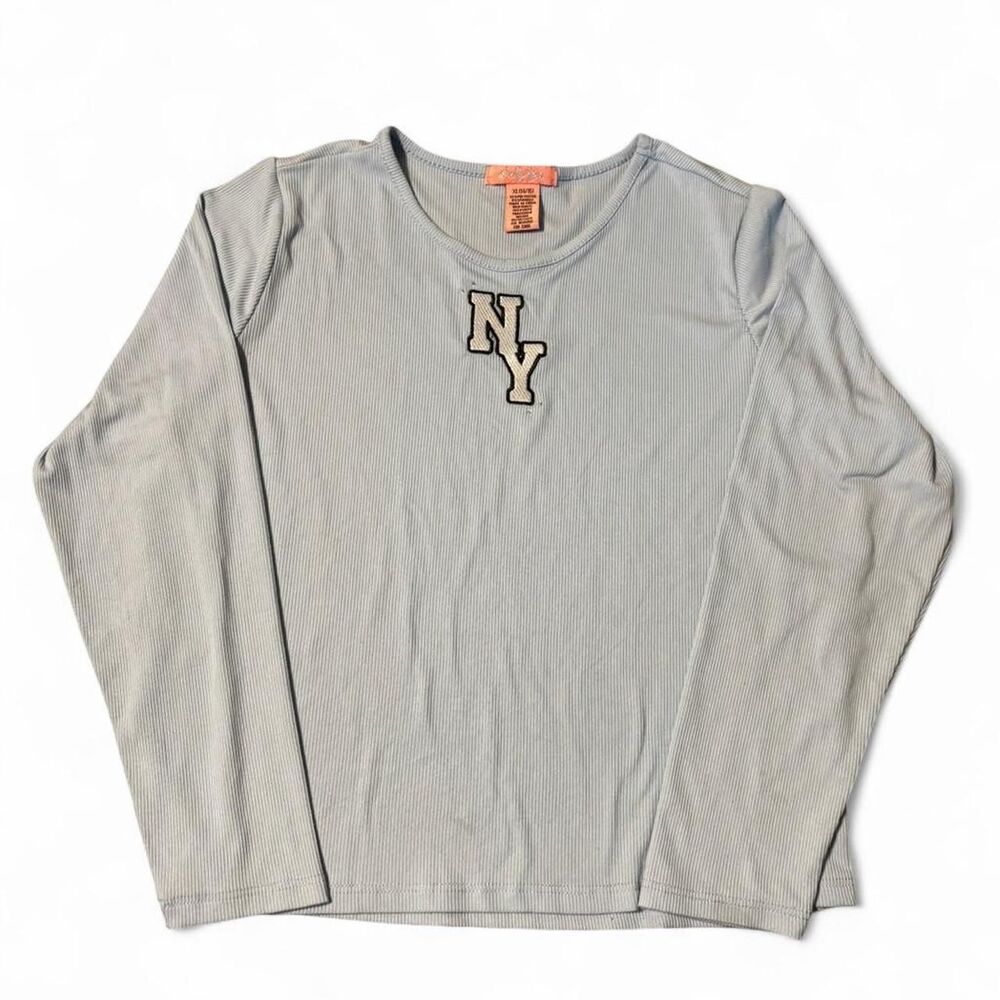 Lucky You Baby Blue Ribbed NY Varsity Patch Long Sleeve Crop Top Y2K Aesthetic